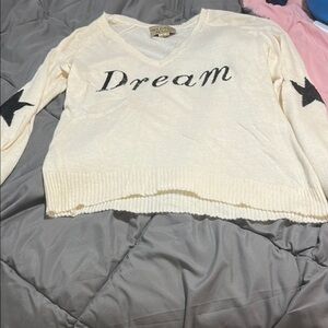 Cream V-Neck Sweater with Dream Print
